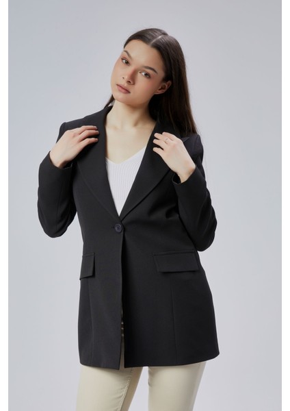 Siyah Kruvaze Uzun Blazer Ceket