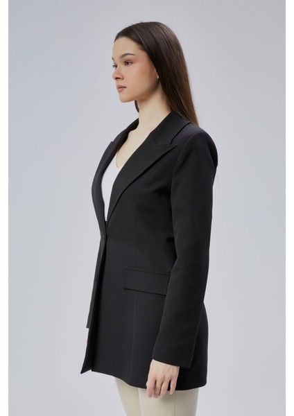 Siyah Kruvaze Uzun Blazer Ceket