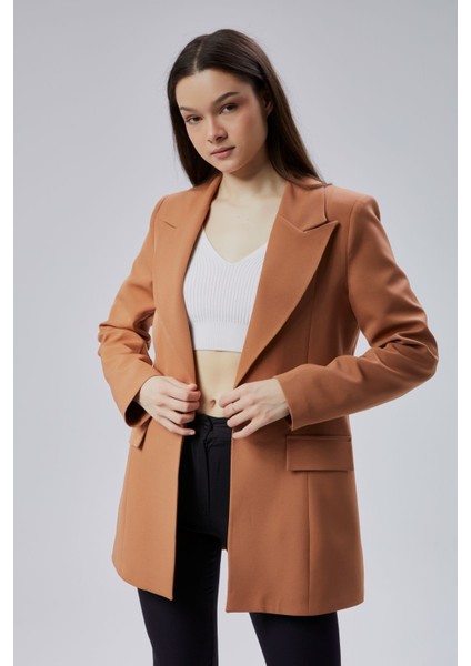 Açık Kahverengi Kruvaze Uzun Blazer Ceket