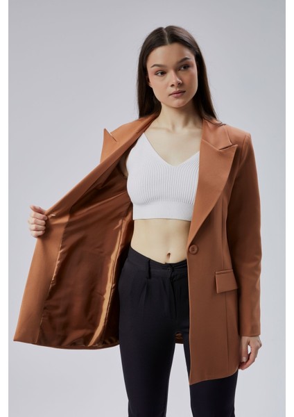 Açık Kahverengi Kruvaze Uzun Blazer Ceket