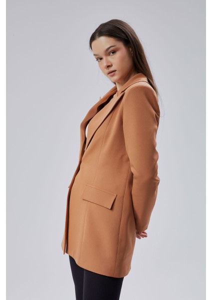 Açık Kahverengi Kruvaze Uzun Blazer Ceket