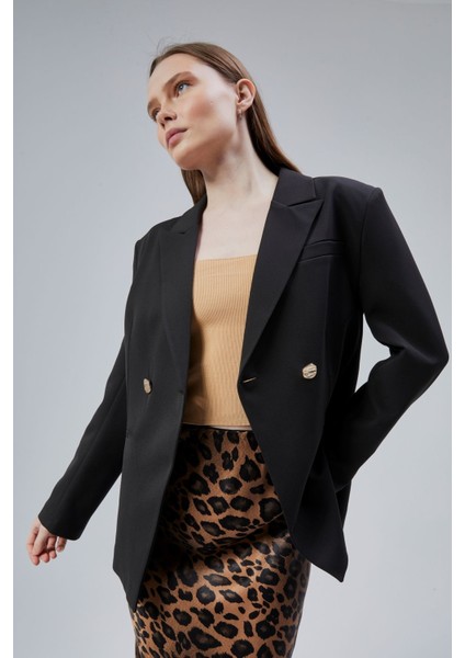 Siyah Regular Fit Yırtmaç Detaylı Blazer Ceket