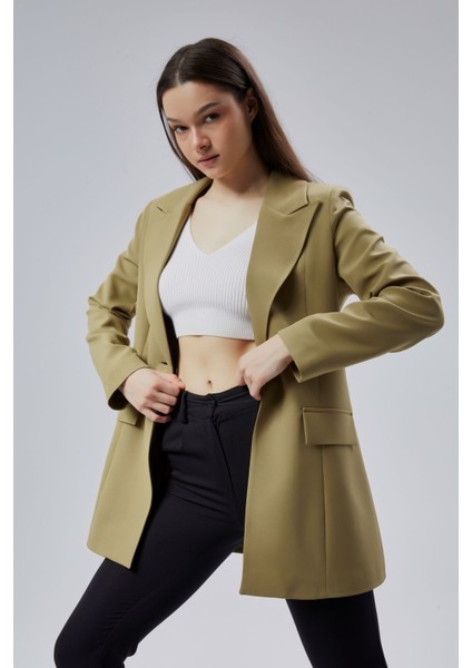 Açık Haki Kruvaze Uzun Blazer Ceket