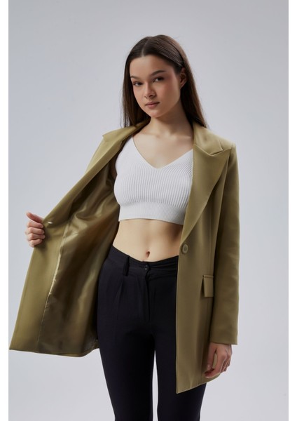 Açık Haki Kruvaze Uzun Blazer Ceket