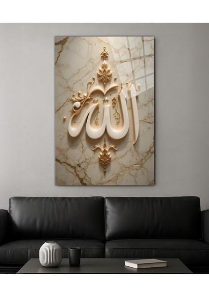 Allah Lafzı 3D Mermer Desenli 3D Lüks Cam Tablo - Islami Dekoratif Duvar Aksesuarı