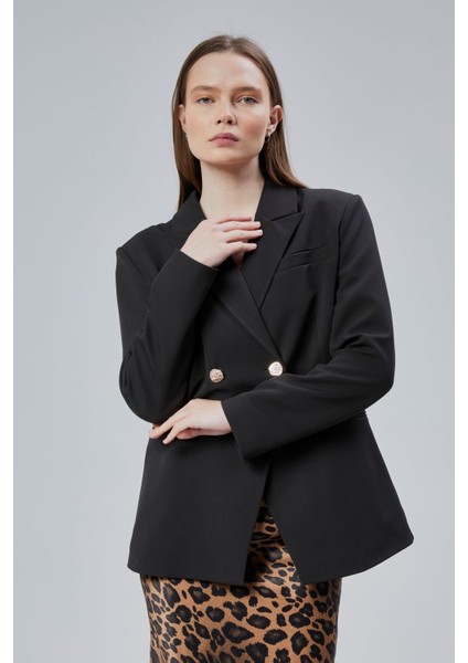 Siyah Regular Fit Yırtmaç Detaylı Blazer Ceket
