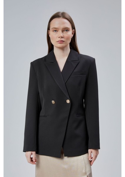 Siyah Regular Fit Yırtmaç Detaylı Blazer Ceket