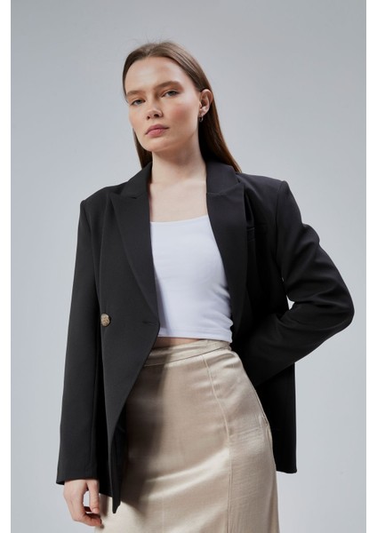 Siyah Regular Fit Yırtmaç Detaylı Blazer Ceket