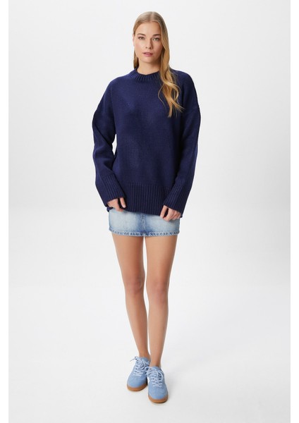 Kadın Homy Yumuşacık Bisiklet Yaka Lacivert Oversize Triko Kazak fırsatları