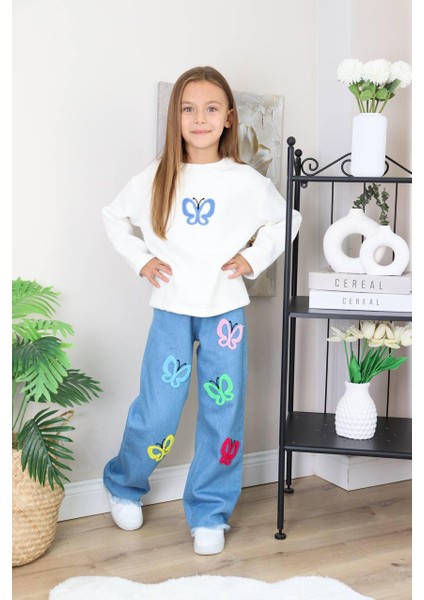 Kız Çocuk Mavi Jean Çiçekli Kot Pantolonlu Takım