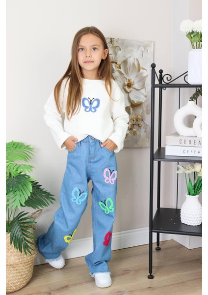 Kız Çocuk Mavi Jean Çiçekli Kot Pantolonlu Takım fiyatları
