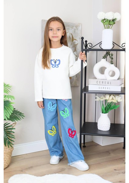 Kız Çocuk Mavi Jean Çiçekli Kot Pantolonlu Takım modelleri