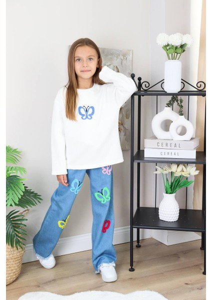 Kız Çocuk Mavi Jean Çiçekli Kot Pantolonlu Takım fırsatları