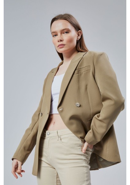 Açık Haki Regular Fit Yırtmaç Detaylı Blazer Ceket