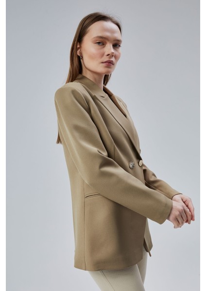 Açık Haki Regular Fit Yırtmaç Detaylı Blazer Ceket