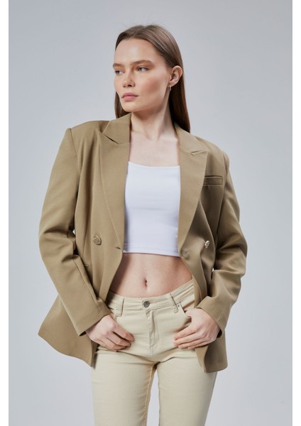 Açık Haki Regular Fit Yırtmaç Detaylı Blazer Ceket