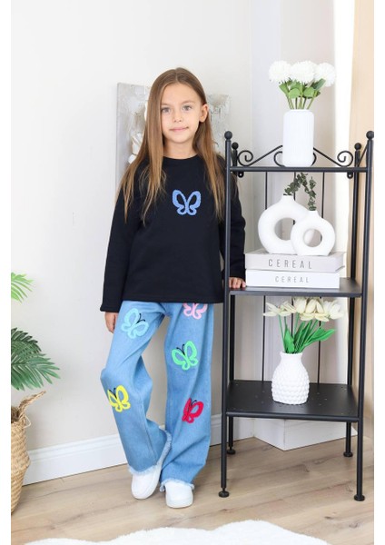 Kız Çocuk Mavi Jean Çiçekli Kot Pantolonlu Takım