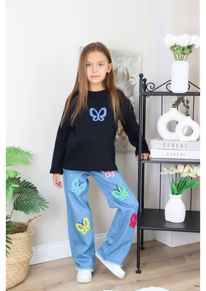 Kız Çocuk Mavi Jean Çiçekli Kot Pantolonlu Takım fiyatları