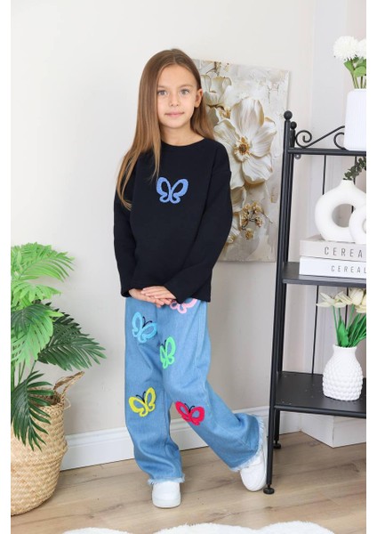 Kız Çocuk Mavi Jean Çiçekli Kot Pantolonlu Takım modelleri
