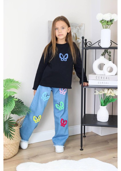 Kız Çocuk Mavi Jean Çiçekli Kot Pantolonlu Takım fırsatları