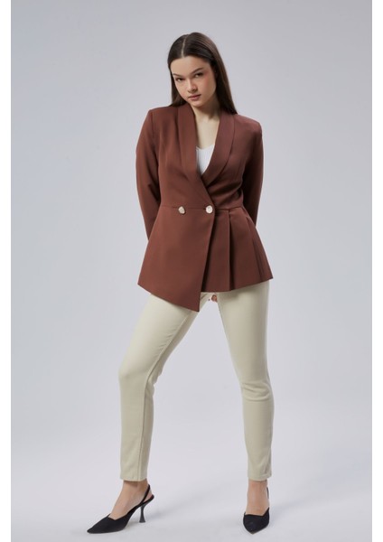 Kahverengi Regular Fit Pile Detaylı Blazer Ceket