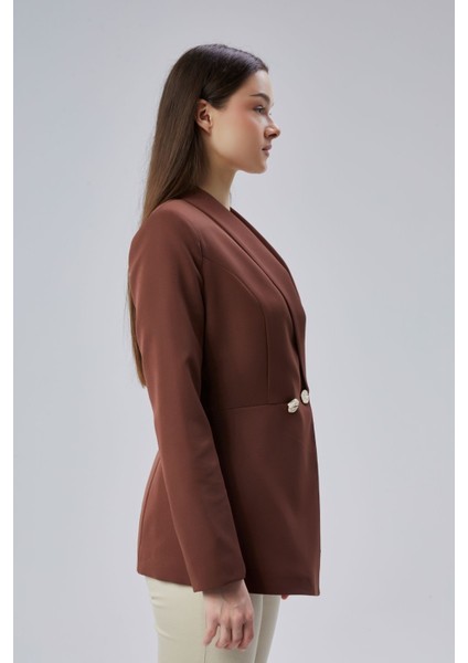 Kahverengi Regular Fit Pile Detaylı Blazer Ceket