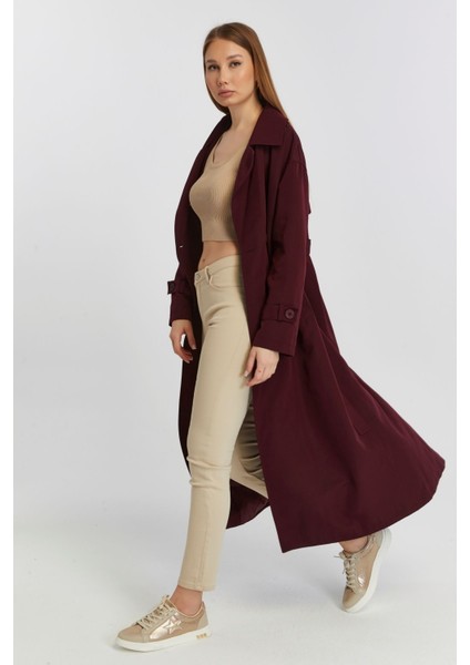 Bordo Oversize Rüzgarlık Detaylı Trençkot