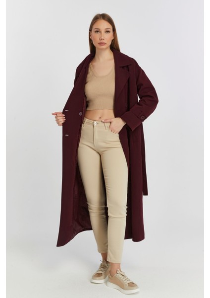 Bordo Oversize Rüzgarlık Detaylı Trençkot