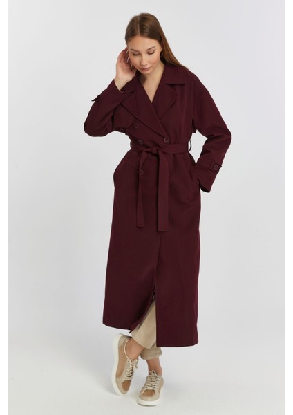Bordo Oversize Rüzgarlık Detaylı Trençkot