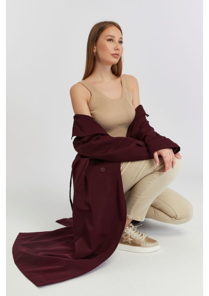 Bordo Oversize Rüzgarlık Detaylı Trençkot