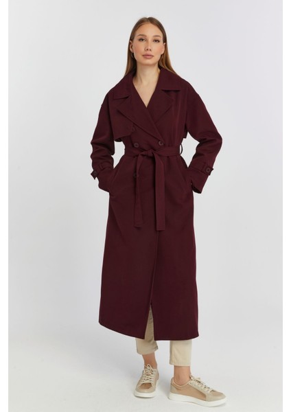 Bordo Oversize Rüzgarlık Detaylı Trençkot