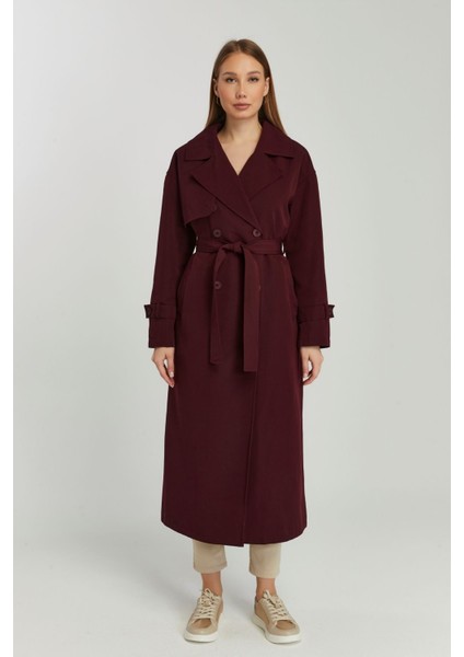 Bordo Oversize Rüzgarlık Detaylı Trençkot