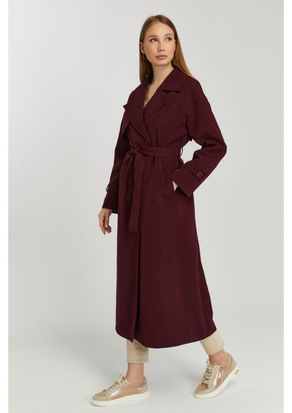 Bordo Oversize Rüzgarlık Detaylı Trençkot