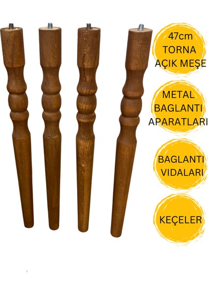 Hamadex 47 cm Açık Meşe Torna Ahşap Sehpa Ayağı 4’lü Set | Mobilya Ayağı + Metal Bağlantı Aparatları