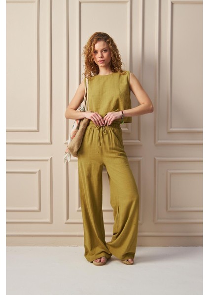 Breeze- Bağcık Detaylı Bol Paça Hafif Dokulu Yazlık Kadın Pantolon Yağ Yeşili