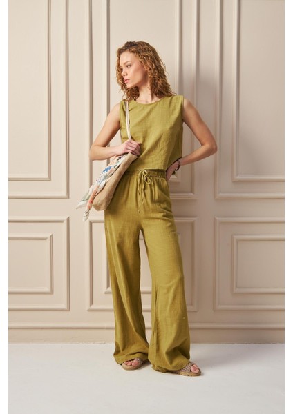 Breeze- Bağcık Detaylı Bol Paça Hafif Dokulu Yazlık Kadın Pantolon Yağ Yeşili fiyatları