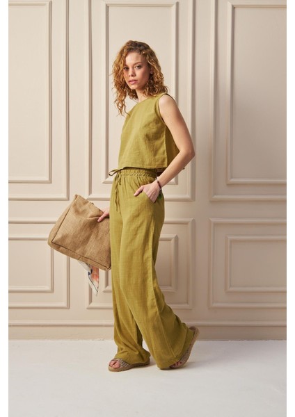 Breeze- Bağcık Detaylı Bol Paça Hafif Dokulu Yazlık Kadın Pantolon Yağ Yeşili modelleri