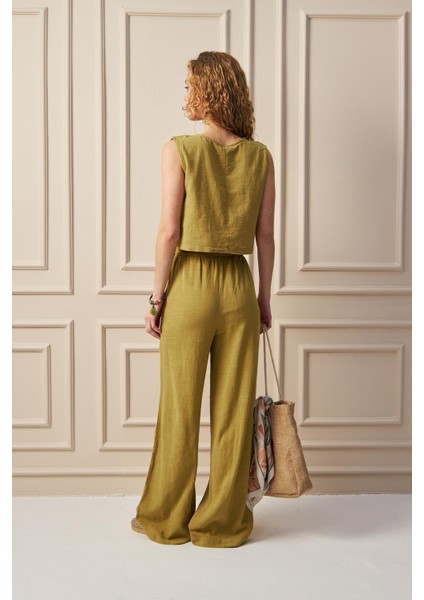 Breeze- Bağcık Detaylı Bol Paça Hafif Dokulu Yazlık Kadın Pantolon Yağ Yeşili fırsatları