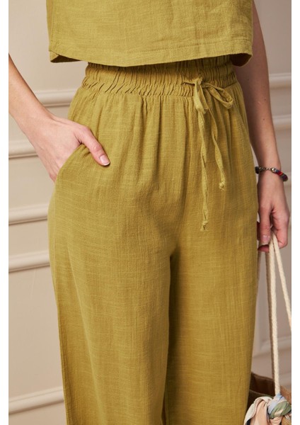 Breeze- Bağcık Detaylı Bol Paça Hafif Dokulu Yazlık Kadın Pantolon Yağ Yeşili indirimleri