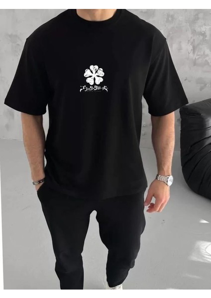 Unisex Bisiklet Yaka Baskılı Oversize T-Shirt - Siyah
