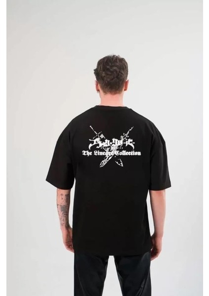 Unisex Bisiklet Yaka Baskılı Oversize T-Shirt - Siyah modelleri