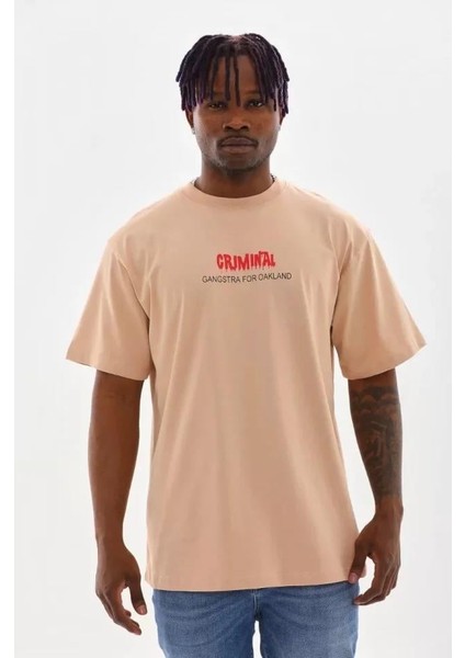 Unisex Baskılı Oversize T-Shirt - Bej fiyatları