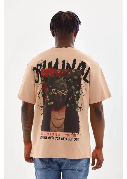 Unisex Baskılı Oversize T-Shirt - Bej fırsatları
