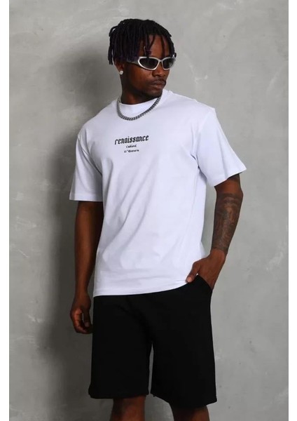 Unisex Oversize Baskılı Bisiklet Yaka T-Shirt - Beyaz fiyatları