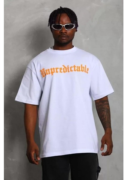 Unisex Oversize Baskılı Bisiklet Yaka T-Shirt - Beyaz fırsatları