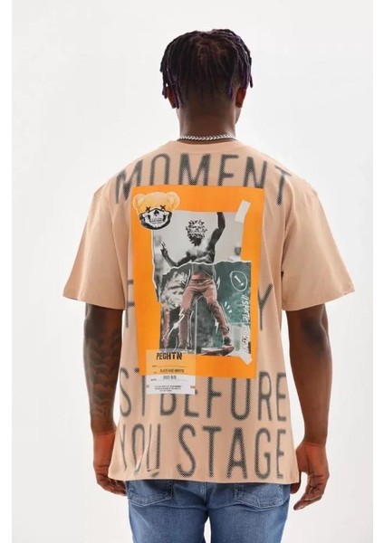 Unisex Baskılı Oversize T-Shirt - Bej modelleri