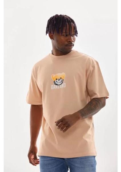 Unisex Baskılı Oversize T-Shirt - Bej indirimleri