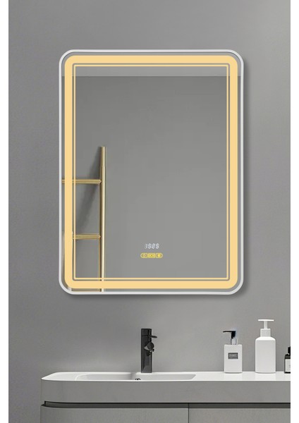 Dokunmatik Akıllı Ayna Buhar Tutmayan Hareket Sensörlü 3 Renk Ledli Beyaz Çerçeveli Banyo Aynası 60X80 cm modelleri