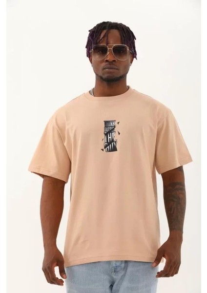 Unisex Oversize Baskılı Bisiklet Yaka T-Shirt - Bej modelleri