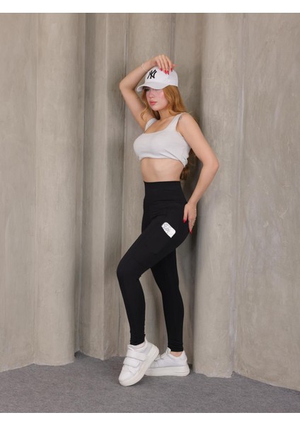 Kadın Yüksek Bel Cep Detaylı Toparlayıcı Dalgıç Tayt - Spor ve Günlük Kullanım